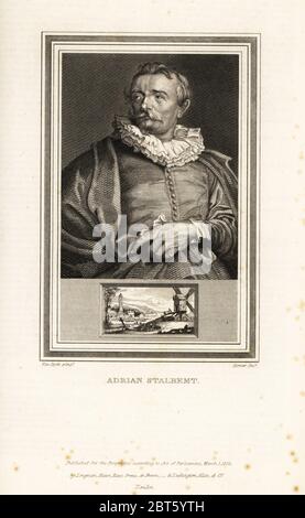 Portrait d'Adriaan van Stabemt, peintre flamand et graveur connu pour ses paysages, 1580-1662. Adrian Stabemt. Médaillon montre le moulin à vent. Gravure en acier par John Corner après un portrait d'Anthony van Dyck de Portraits de célèbres peintres avec des médaillons de leurs meilleures performances, Longman, Hurst, Rees, Orme & Brown, Londres, 1826. Banque D'Images