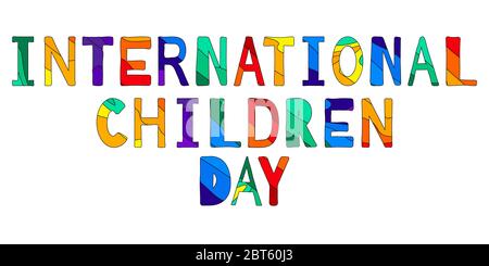 Journée internationale de l'enfance - drôle de dessin animé multicolore inscription. L'inscription pour les bannières, les affiches et les imprimés. Illustration de Vecteur