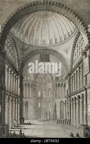 Époque Empire ottoman. Turquie. Constantinople (aujourd'hui Istanbul). Hagia Shopia. Basilique byzantine transformée en mosquée. Vue intérieure. Gravure par Lemaitre et Dumouxa. Historia de Turquia de Joseph Marie Jouannin (1783-1844) et Jules Van Gaver, 1840. Banque D'Images