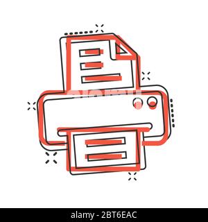 Icône imprimante de bureau en style comique. Illustration vectorielle de la bande dessinée de télécopie sur fond blanc isolé. Concept commercial impression de texte effet de destruction. Illustration de Vecteur