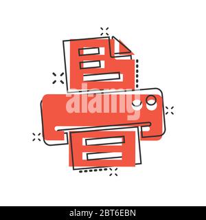 Icône imprimante de bureau en style comique. Illustration vectorielle de la bande dessinée de télécopie sur fond blanc isolé. Concept commercial impression de texte effet de destruction. Illustration de Vecteur