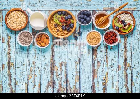 Ingrédients sains pour le petit déjeuner, vue du dessus, espace copie. Banque D'Images