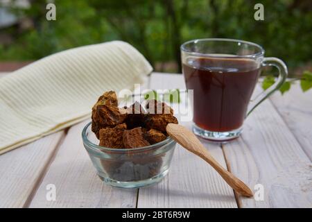 Champignons de chaga séchés et thé de chaga sur un blanc en bois tableau avec arrière-plan de forêt Banque D'Images