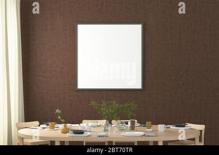 Affiche blanche carrée sur le mur brun à l'intérieur de la salle à manger moderne. Chemin de détourage autour de l'affiche Banque D'Images