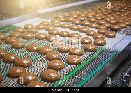 Industrie alimentaire. Ligne de production ou tapis convoyeur avec cookies, gros plan. Usine alimentaire ou boulangerie. Banque D'Images