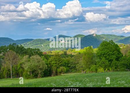 ALLEMAGNE, BONN. Vue sur la vallée du Rhin vers la chaîne de montagnes Siebengebirge avec les châteaux de Drachenburg et Drachenfels Banque D'Images