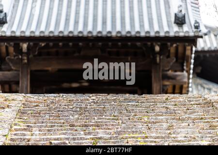 Nara, Japon Temple Todaiji dans la ville avec personne et bas angle abstrait vue rapprochée des marches entrée à la salle de bâtiment Banque D'Images