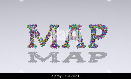 Écriture 3D colorée de TEXTE DE CARTE avec de petits objets sur fond blanc et ombre assortie Banque D'Images