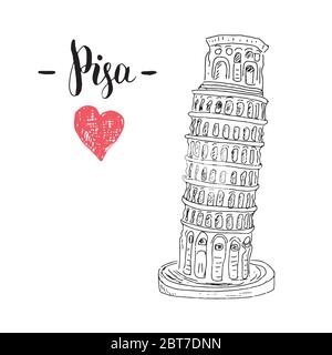 Tour penchée de Pise dessin dessiné à la main avec lettrage. Illustration vectorielle. Illustration de Vecteur
