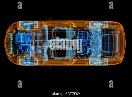 Illustration 3D technique d'une voiture SUV avec effet de rayons X. Vue de dessus. Sur fond noir. Banque D'Images