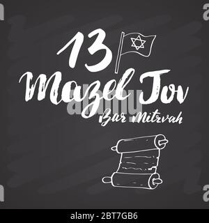 Mazel tov, bar mitzvah Calligraphe lettrage signe. Dessins dessinés à la main. Illustration vectorielle sur fond de tableau noir. Illustration de Vecteur