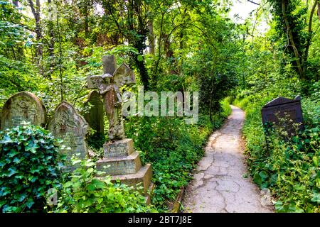 Tombes et chemin à travers le cimetière d'Abney Park, l'un des sept magnifiques cimetières victoriens, Londres, Royaume-Uni Banque D'Images