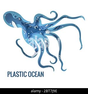 Texte - océan plastique. Illustration du vecteur de concept de pollution de la planète de déchets en plastique. Poulpe, seiche contour marin rempli de déchets de plastique icône 3d Illustration de Vecteur