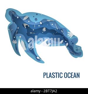 Texte - océan plastique. Illustration du vecteur de concept de pollution de la planète de déchets en plastique. Tortue marine mammifère contour rempli de déchets plastiques icône 3d. 3D l Illustration de Vecteur