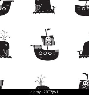 Motif bateau pirate et baleine sans couture. Joli dessin pirate de Doodles. Illustration du vecteur de dessin animé à la main. Illustration de Vecteur