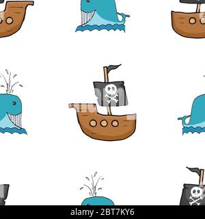 Motif bateau pirate et baleine sans couture. Joli dessin pirate de Doodles. Illustration du vecteur de dessin animé à la main. Illustration de Vecteur