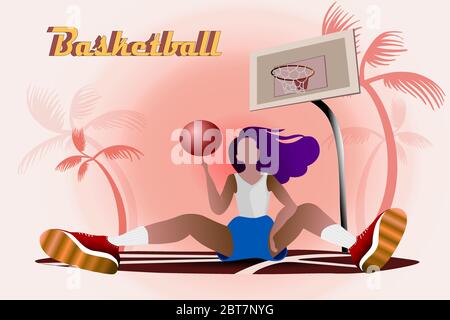 Femmes basket-ball devant des palmiers, coucher de soleil et filet de basket-ball, fond vectoriel Illustration de Vecteur