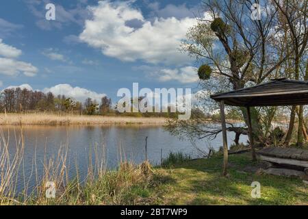 Calme Ros au bord de la rivière au début du printemps avec belvédère en bois, Ukraine Banque D'Images