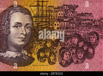 Portrait de Caroline Chisholm sur l'ancien billet de banque australien de 5 $. Chisholm (1808 – 1877) était un humanitaire anglais du XIXe siècle connu surtout pour elle Banque D'Images