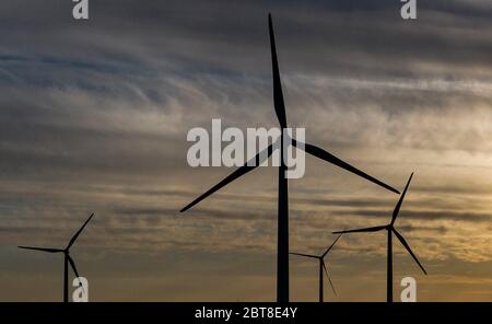 Werneuchen, Allemagne. 21 mai 2020. Les moulins à vent montent dans le ciel à Werneuchen. (prise de vue avec un drone). Credit: Paul Zinken/dpa-Zentralbild/ZB/dpa/Alay Live News Banque D'Images