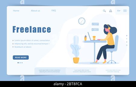 Femme freelance. Modèle de page d'arrivée. Fille dans un casque avec un ordinateur portable assis à une table. Illustration de concept pour l'étude, l'éducation, le travail de Illustration de Vecteur