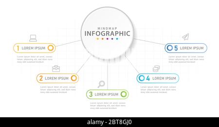 Modèle d'infographie pour les entreprises. 5 étapes diagramme Mindmap avec cercle. Illustration de Vecteur