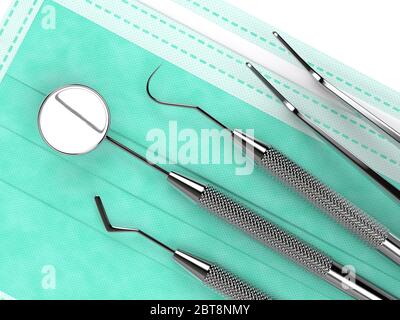 les instruments de diagnostic dentaire 3d sont posés sur un masque de protection sur fond blanc Banque D'Images