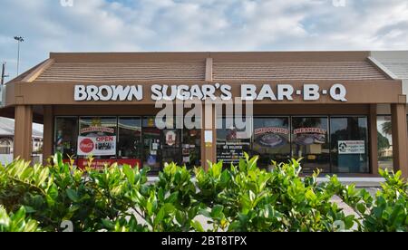 Extérieur du Brown Sugar Bar-B-Q situé à Houston, Texas. Le restaurant sert des plats du Sud maison et une variété de viandes fumées. Banque D'Images