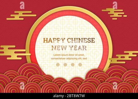 Bonne année chinoise : nuages chinois et vagues avec papier coupé art et style artisanal sur couleur verte arrière-plan. Illustration vectorielle pour carte de vœux, f Illustration de Vecteur