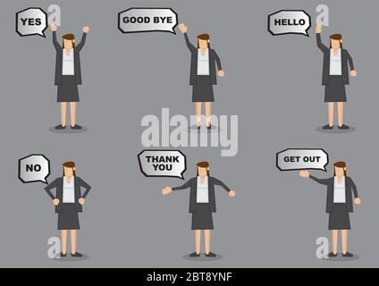 Femme d'affaires avec différents messages dans les bulles de parole. Ensemble d'icônes vectorielles isolées sur fond gris Illustration de Vecteur
