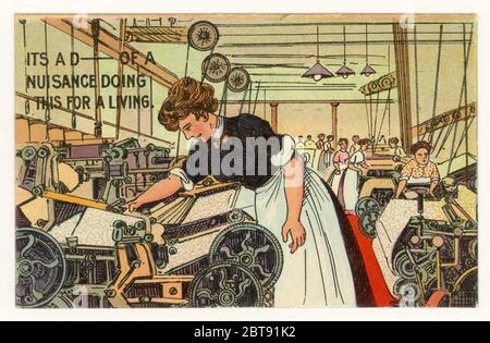 Début 1900, carte postale de bande dessinée de l'ouvrier malheureux de l'usine, Lancashire, Angleterre, U.K vers 1910 Banque D'Images