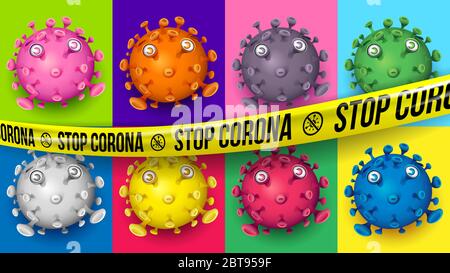 Coloré rétro virus Pop Art avec huit cadres et avec ruban jaune Stop Corona en format paysage 16:9 Illustration de Vecteur
