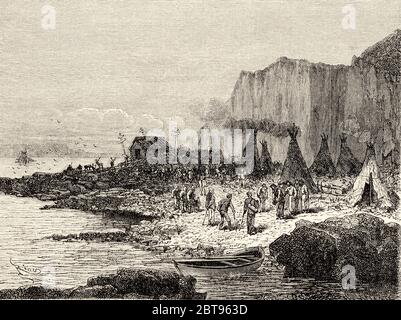 Camp de Samoyeds à Cobarova, archipel de Novaïa Zemlya. Océan Arctique, Russie. Europe, 19e siècle ancien voyage d'illustration de gravure au pôle Nord, de Novaya Zemlya à Yenisei par Adolf Erik Nordenskiold 1875 Banque D'Images