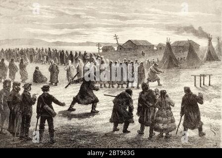 Les Samoyeds s'amusant à jouer à des jeux traditionnels, campez à Cobarova, dans l'archipel de Novaya Zemlya. Océan Arctique, Russie. Europe, 19e siècle ancien voyage d'illustration de gravure au pôle Nord, de Novaya Zemlya à Yenisei par Adolf Erik Nordenskiold 1875 Banque D'Images