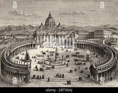 Vue sur la colonnade autour de la place et la basilique Saint-Pierre, Cité du Vatican, Rome. Italie, Europe. Voyage à Rome par Francis Wey 19e siècle Banque D'Images