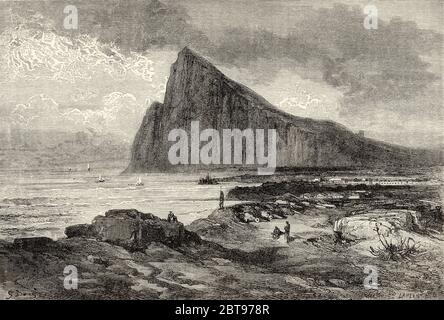 Vue panoramique sur le paysage Rock de Gibraltar depuis la plage de la Linea de la Concepcion, province de Cadix. Andalousie, Espagne, Europe. Illustration gravée du XIXe siècle, El Mundo en la Mano 1878 Banque D'Images