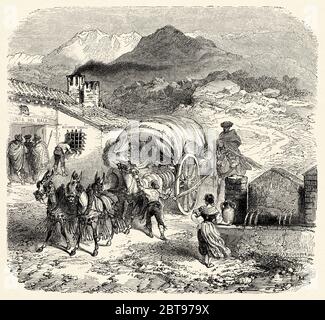 Passagers dans une allée, chariot tiré par des chevaux, arrivant à une auberge venta en Sierra Nevada, province de Grenade. Andalousie, Espagne, Europe. Illustration gravée du XIXe siècle, El Mundo en la Mano 1878 Banque D'Images