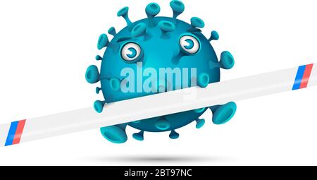 Virus bleu glacé derrière une bande barrière blanche avec des bandes bleu-blanc isolées sur du blanc Illustration de Vecteur