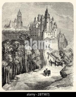 L'Alcazar et la cathédrale. Fortaleza de los Reyes de Castilla y Real Colegio de Artillería. Patrimoine mondial de l'UNESCO. Segovia, Castille et Lion. Espagne, Europe. Illustration gravée du XIXe siècle, El Mundo en la Mano 1878 Banque D'Images