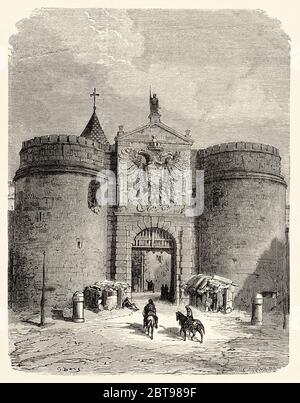 Ancienne porte d'entrée de la ville au XIXe siècle. Porte Alfonso VI ou ancienne porte de charnière. Tolède. Castilla la Mancha. Espagne, Europe. Illustration gravée du XIXe siècle, El Mundo en la Mano 1878 Banque D'Images