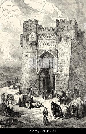 La porte de la ville de Puerta del sol à Tolède. Castilla la Mancha. Espagne, Europe. Illustration gravée du XIXe siècle, El Mundo en la Mano 1878 Banque D'Images