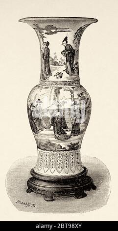 Vases en porcelaine émaillée, de la dynastie chinoise Qing, Chine. Ancienne illustration gravée du XIXe siècle, Voyage à Pékin et Chine du Nord 1873 Banque D'Images