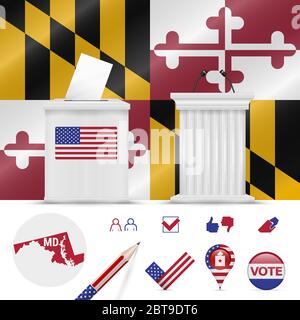 Élections présidentielles dans le Maryland. Drapeau agitant, urne réaliste, podium de l'orateur public, carte de silhouette et jeu d'icônes de vote. Banque D'Images