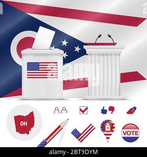 Élections présidentielles en Ohio. Drapeau agitant, urne réaliste, podium de la conférencière, carte de silhouette et jeu d'icônes de vote. Banque D'Images