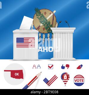 Élections présidentielles en Oklahoma. Drapeau agitant, urne réaliste, podium de la conférencière, carte de silhouette et jeu d'icônes de vote. Banque D'Images