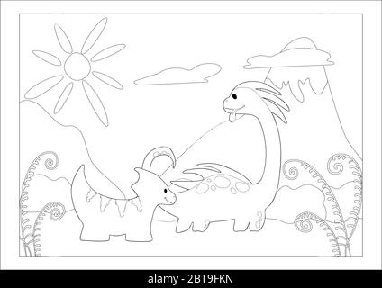 Livre de coloriage. Dinosaure drôle dans un paysage préhistorique. Personnage de dessin animé et de vecteur isolé sur fond. Illustration de Vecteur