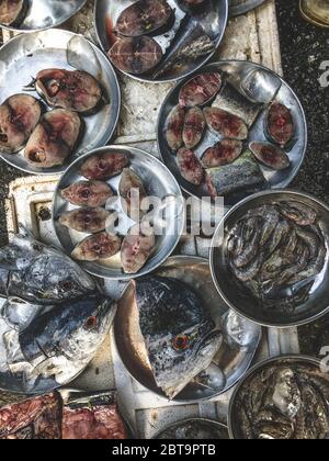 Vue de dessus sur un assortiment de poissons lâches à vendre sur un marché de poissons, marché de Hue, Vietnam Banque D'Images