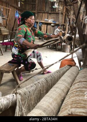 Lung Tam, Vietnam - 9 janvier 2020 - Femme tissage de façon traditionnelle, se concentre sur le lin et le métier à tisser Banque D'Images