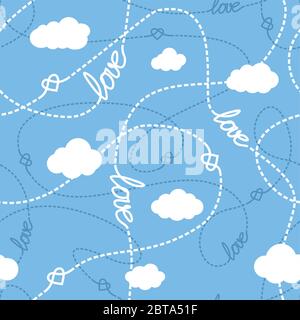 Motif vectoriel sans couture avec mots d'amour, coeurs, lignes enchevêtrées et nuages. Arrière-plan abstrait répété pour un design romantique. J'aime la texture conceptuelle. Illustration de Vecteur