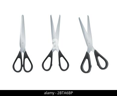 Ciseaux avec poignées en plastique noir. Ciseaux ouverts et fermés isolés sur fond blanc. Vecteur Illustration de Vecteur